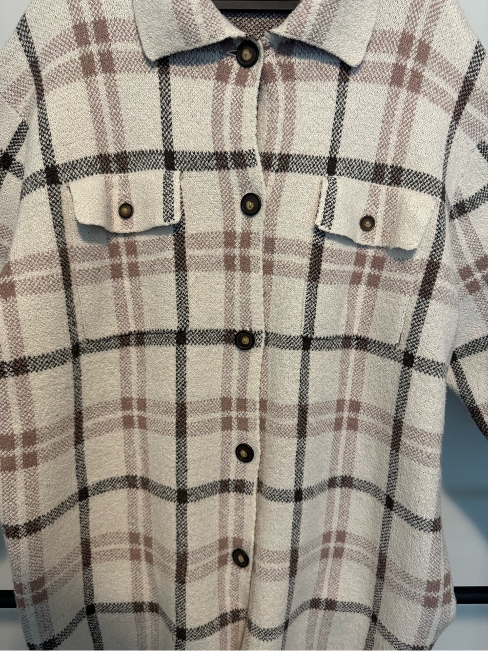 Cream Plaid Utility Shacket with Mauve and Black Checks - Picture 9 of 12